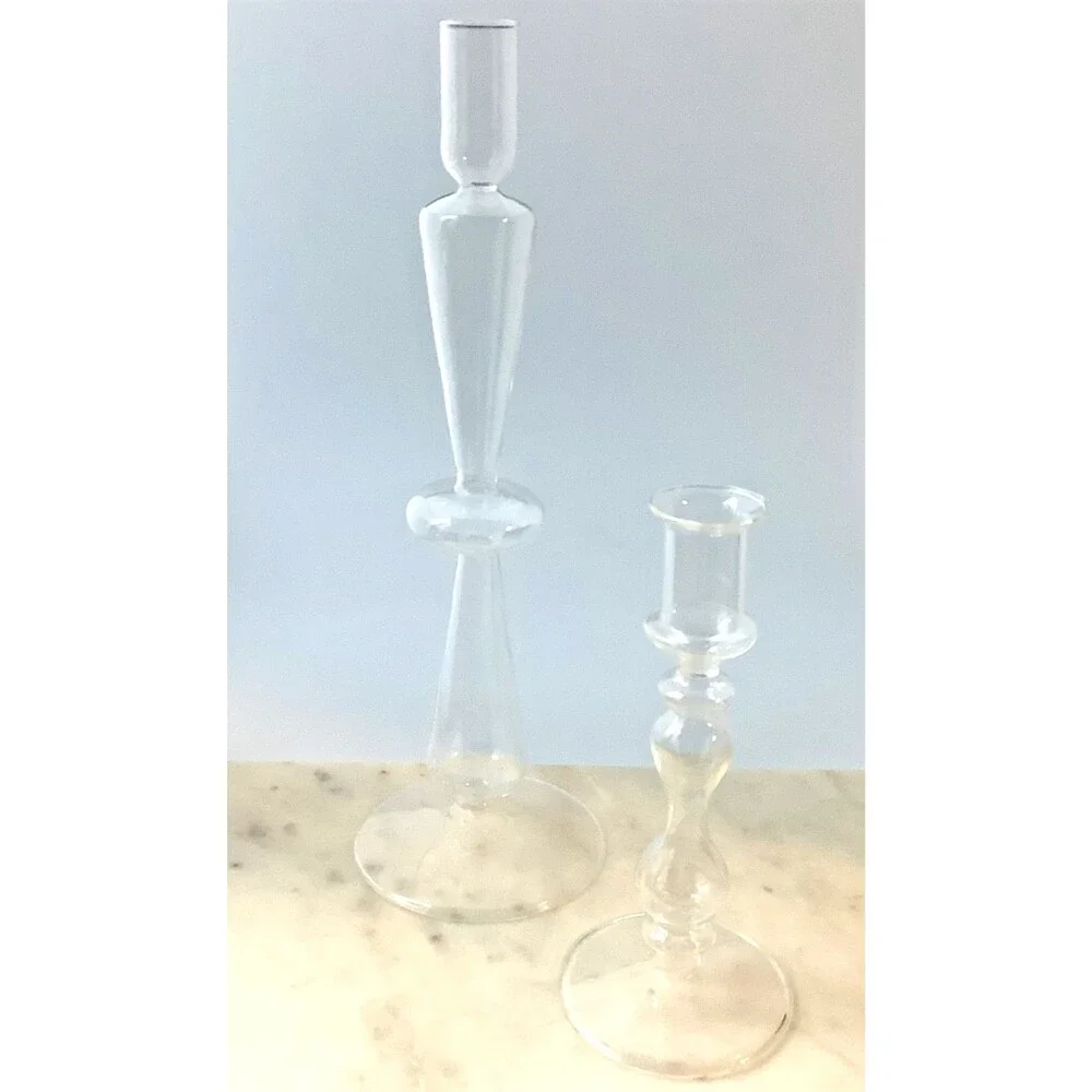 Glass Candle Holders Vintage Hand Blown Clear 12 Inch, 7 inch Modern Set of 2
